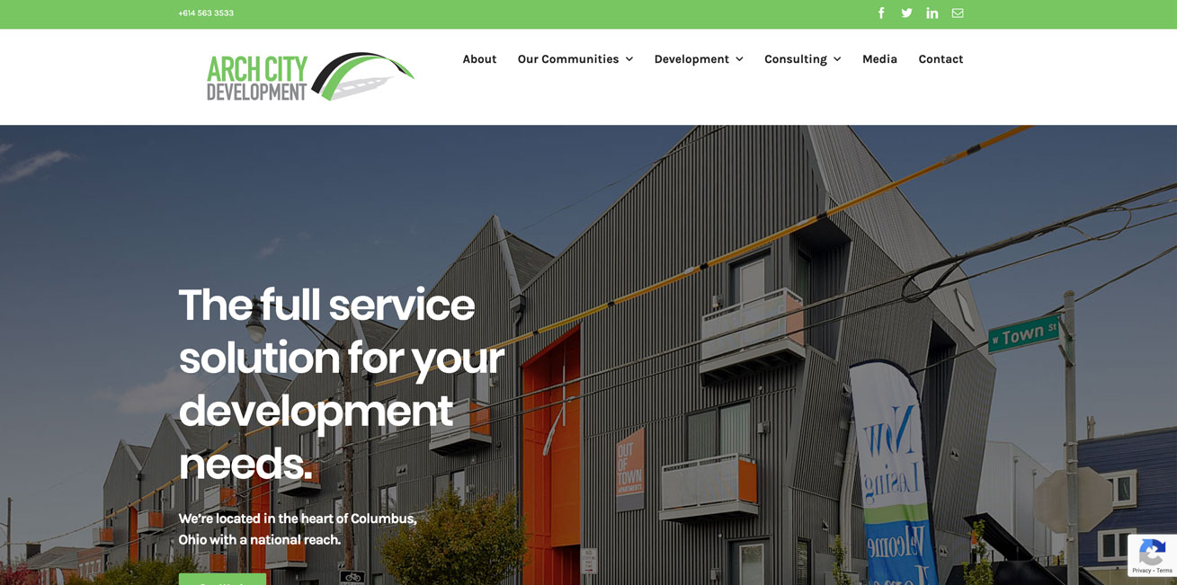 Arch City Development, WordPress Website by Starburst Media, screenshot of the home page with a full-width image