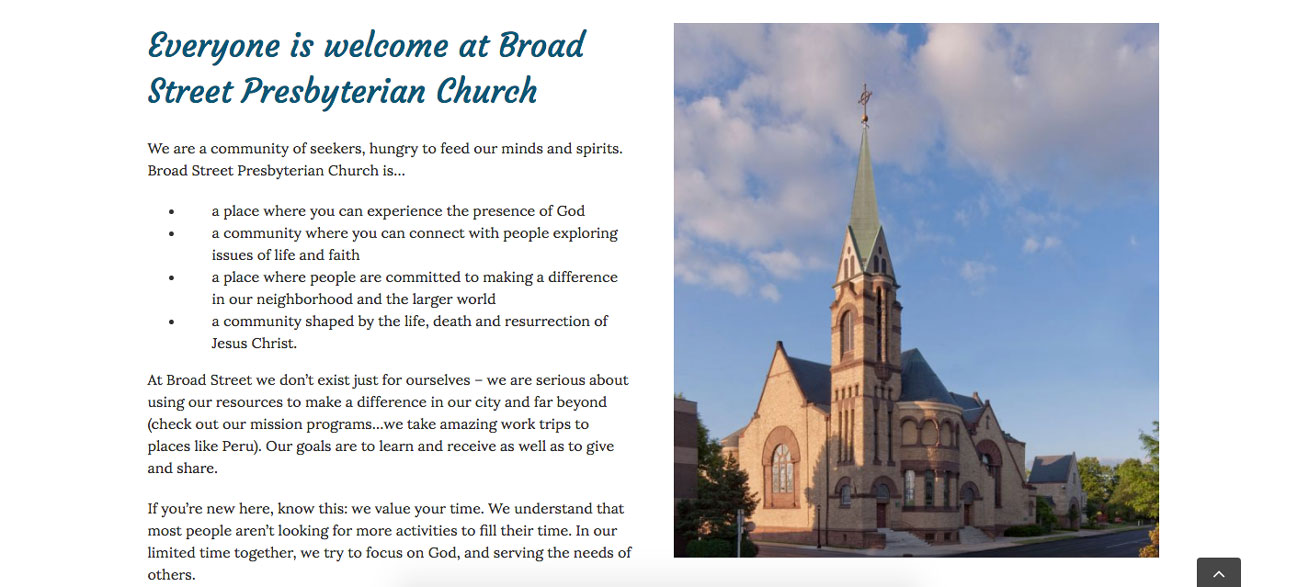 Broad Street Presbyterian Church, website by Starburst Media, screenshot of the about page