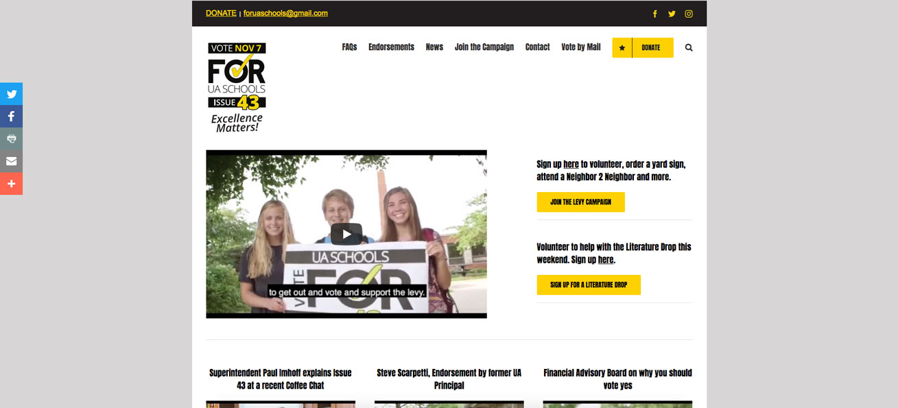 UA School Levy Campaign screenshot, website by Starburst Media