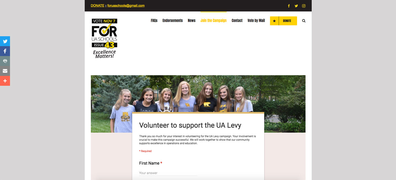 UA School Levy Campaign screenshot, website by Starburst Media