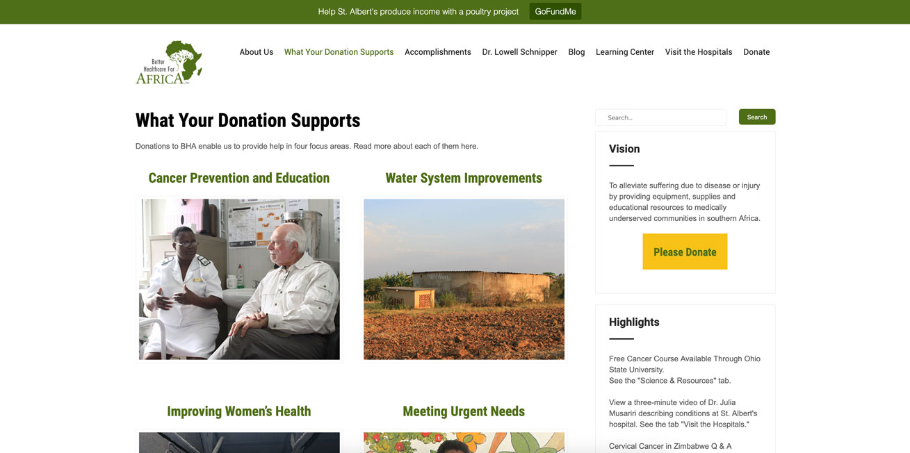 Better Healthcare for Africa, WordPress Website by Starburst Media, donations and mission page
