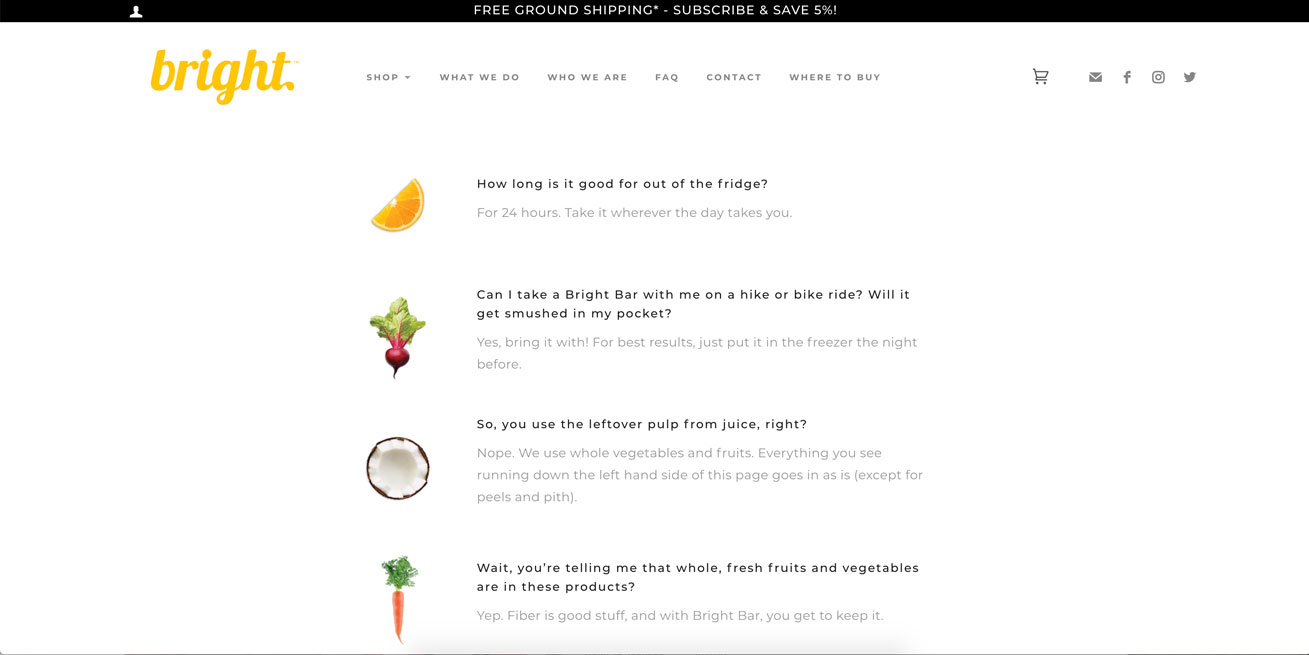 Bright Foods, Shopify Website by Starburst Media, FAQ Page